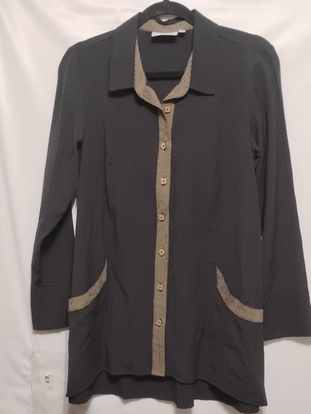 Habitat Textue Bohemian Black Button-Front Jacket with Tan Contrast Trim